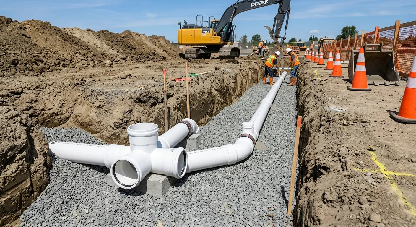 New PVC sewer pipe installation in open trench for Sewer Backup in Santa Clara