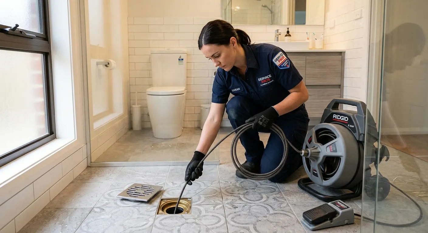 Technician clearing a bathroom floor drain for Sewer Line Installation in Santa Clara
